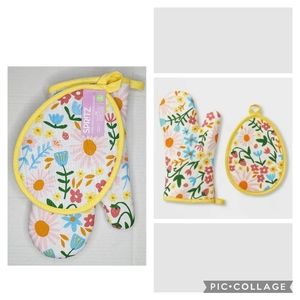 New Spritz Oven Mitt Potholder Set Cotton 2 Piece Set Floral Easter Yellow White